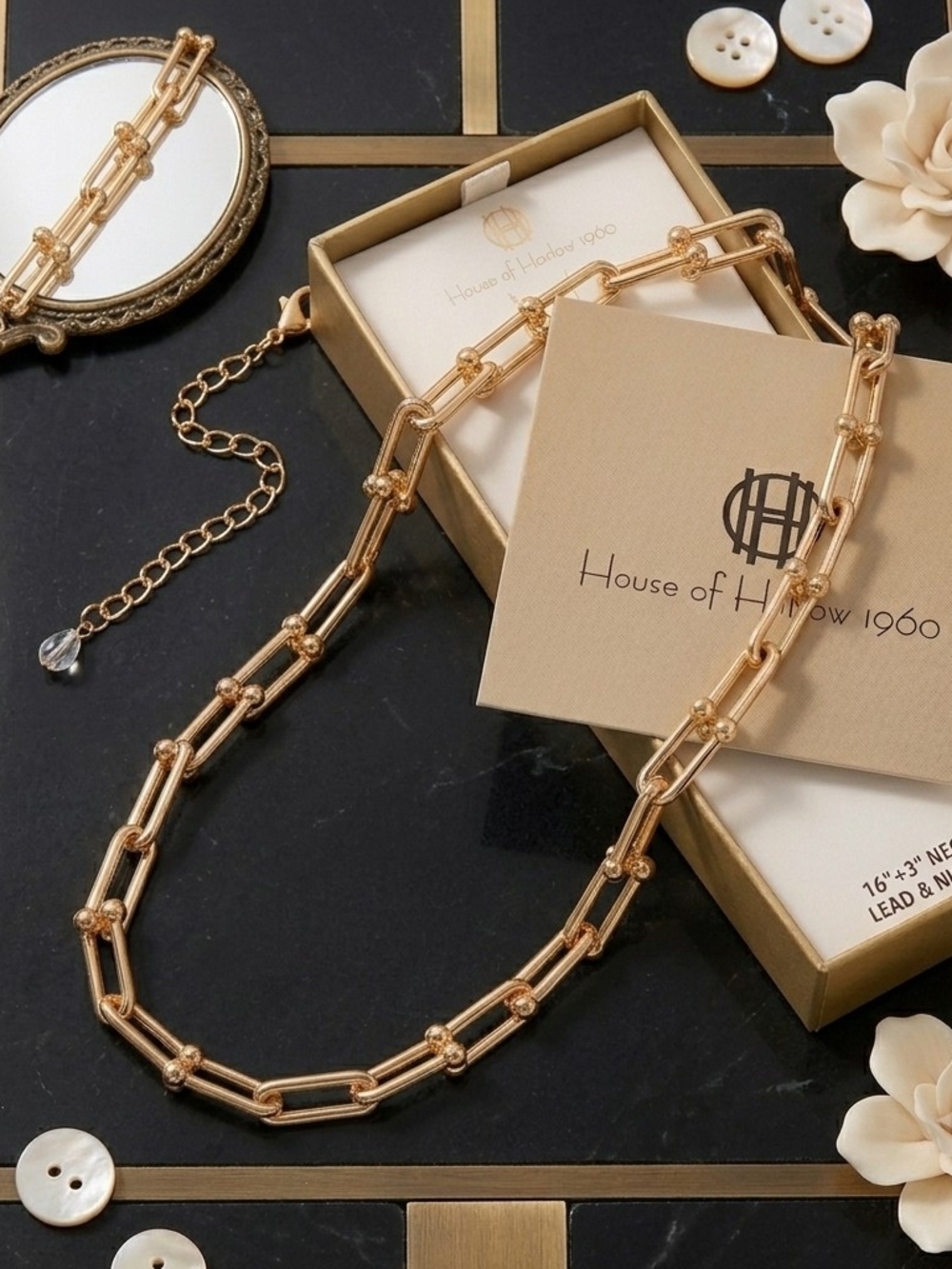 House of Harlow 1960 Rose Gold Link Necklace with Bead Accents